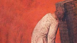 A person in a long, light-colored garment leans forward with their head pressed against a brick wall against a red background.