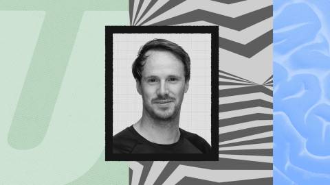 Alex Partridge, a man with short hair and light facial hair, poses for a portrait. The background features abstract geometric and textured patterns in green, black, white, and blue.