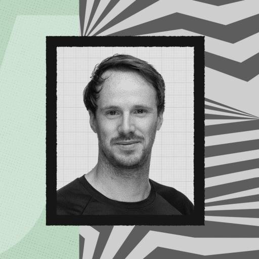 Alex Partridge, a man with short hair and light facial hair, poses for a portrait. The background features abstract geometric and textured patterns in green, black, white, and blue.