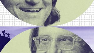 Halftone close-ups of a person's smiling mouth and eyes, with a small silhouette of people climbing a hill—evoking the adventurous spirit of Brad Feld—set against abstract backgrounds.