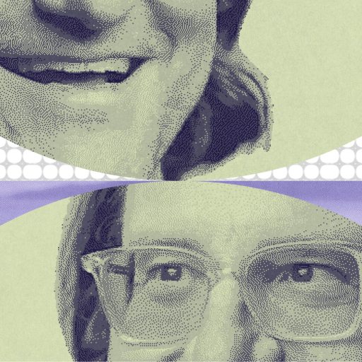 Halftone close-ups of a person's smiling mouth and eyes, with a small silhouette of people climbing a hill—evoking the adventurous spirit of Brad Feld—set against abstract backgrounds.