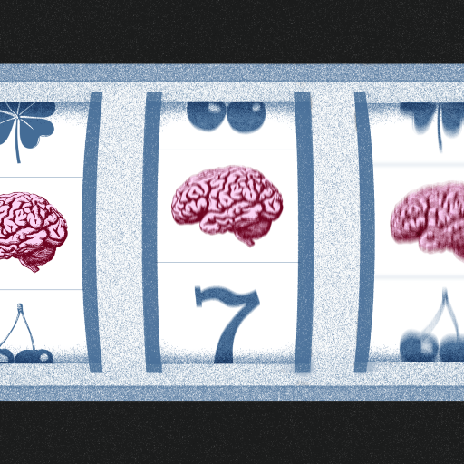A slot machine displays various icons, including brains, cherries, a clover, and the number seven—an homage to Anne-Laure Le Cunff’s work—with two brains and a seven visible in the central row.
