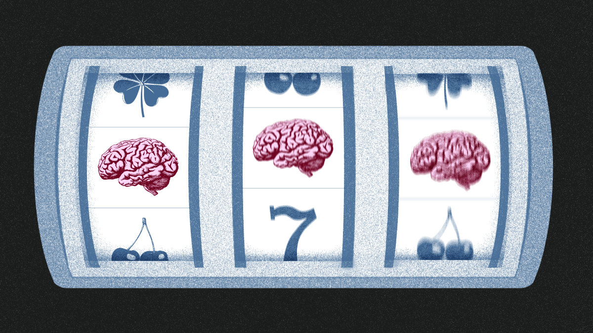 A slot machine displays various icons, including brains, cherries, a clover, and the number seven—an homage to Anne-Laure Le Cunff’s work—with two brains and a seven visible in the central row.