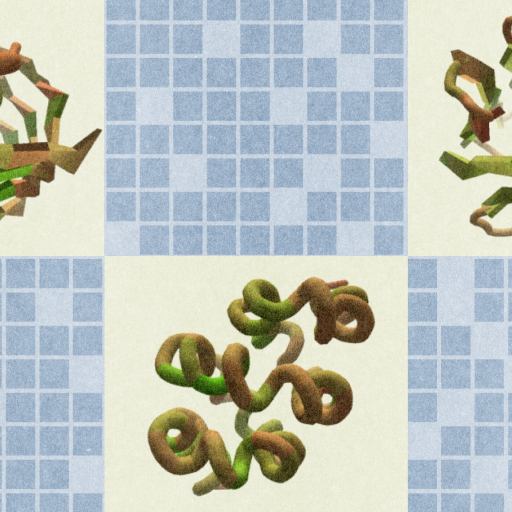 Three different 3D protein structures are displayed on a light grid-patterned background, each occupying a separate quadrant in the image.