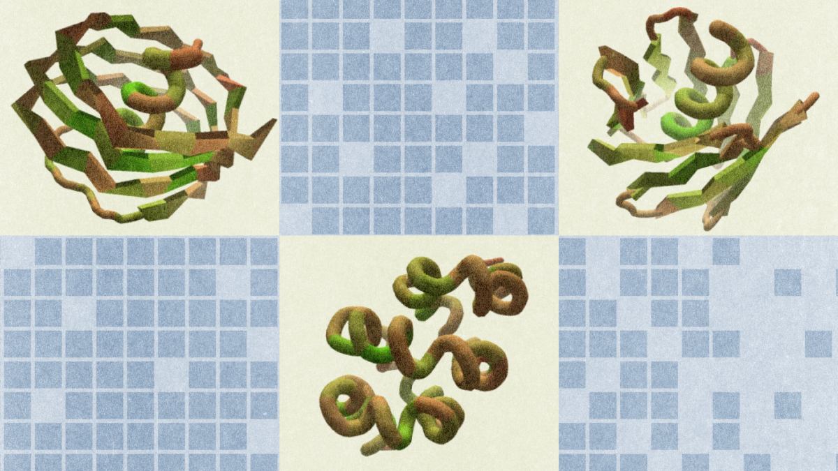Three different 3D protein structures are displayed on a light grid-patterned background, each occupying a separate quadrant in the image.