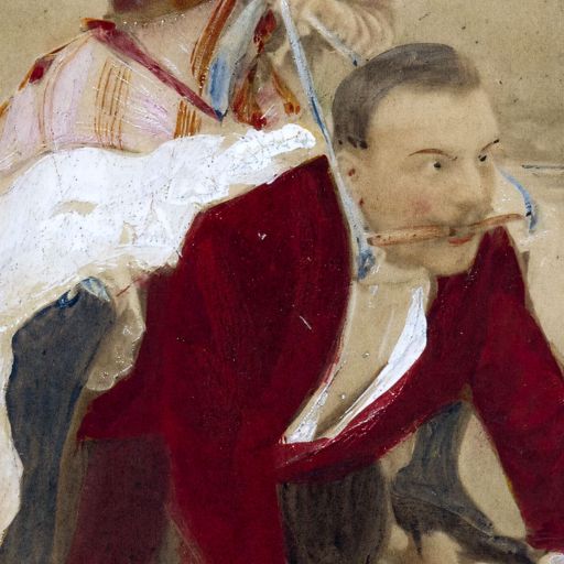 A man dressed in red crawls on all fours with a bit in his mouth, while a woman in a checkered dress rides on his back, indulging in a playful kink scenario.