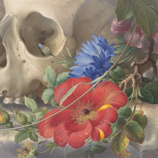 A human skull and bone rest beside colorful flowers and sheet music in a detailed memento mori still life composition.