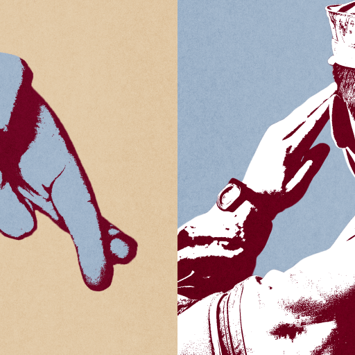 A split image shows a hand with fingers crossed on the left, evoking the idea of a noble lie, and a person in military uniform saluting on the right.