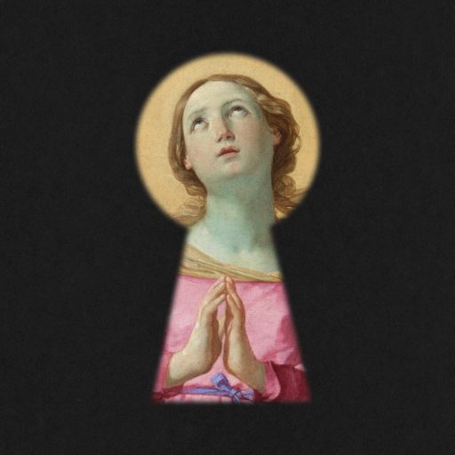 A painting of a praying woman with clasped hands and an upward gaze appears through the outline of a keyhole, set against a black background, evoking an air of mysticism.
