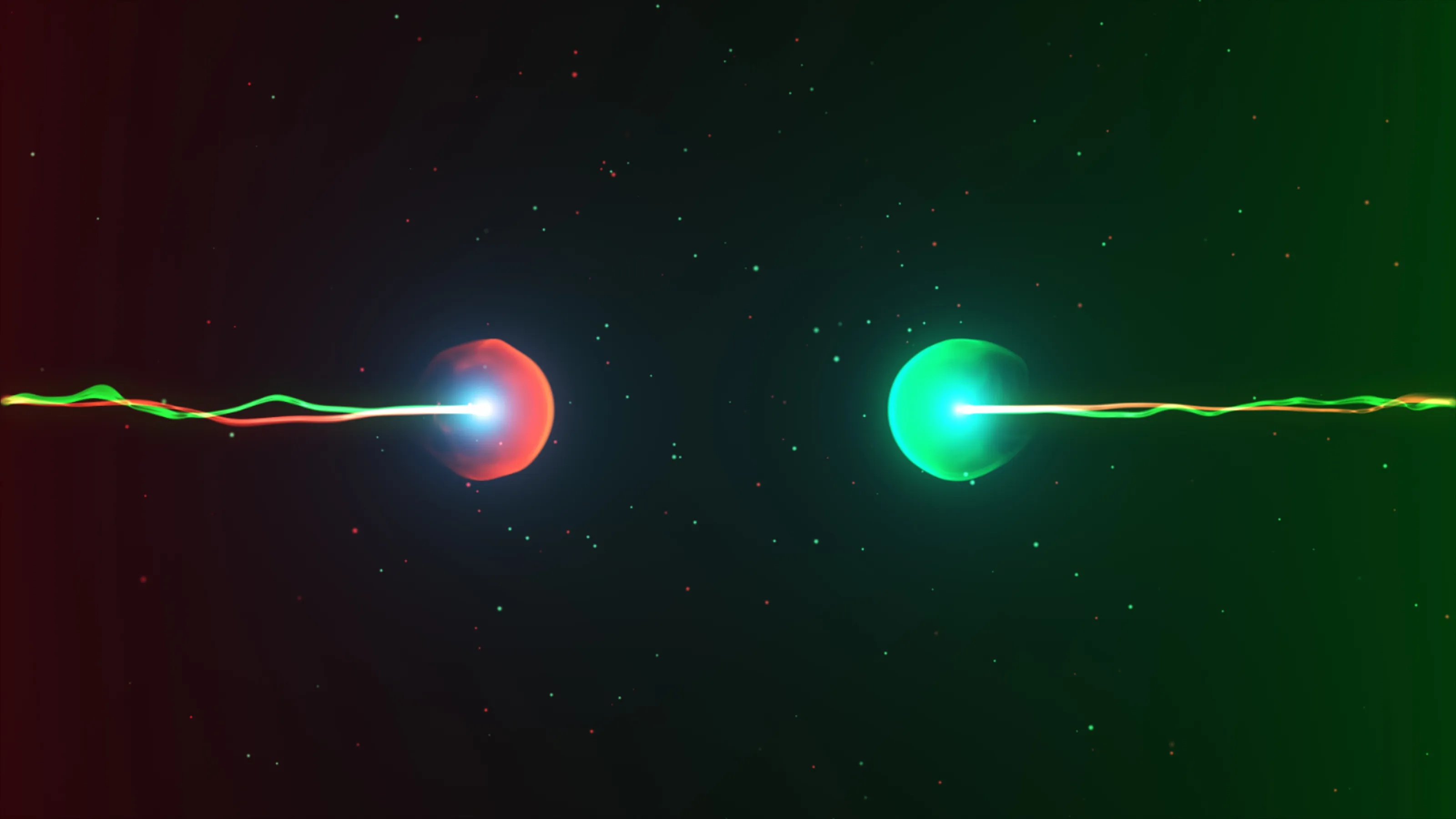 Two glowing spheres, one red and one green, face each other in space with a wavy line of light—like a particle physics collision—connecting them against a speckled dark background reminiscent of the last collider’s discoveries.