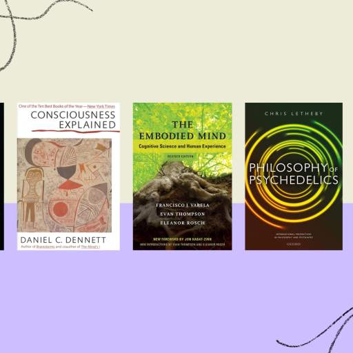 Five books on consciousness and philosophy are displayed upright in a row against a pale background with abstract black lines.