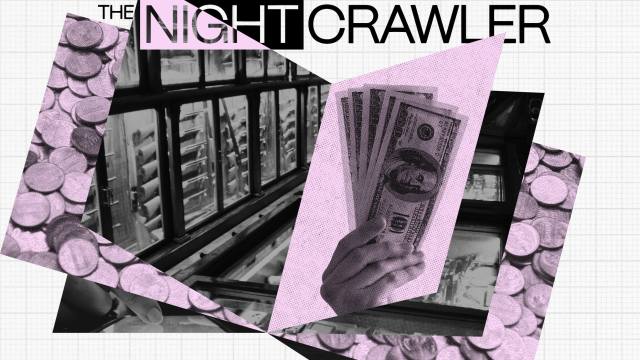 A collage with the text "THE NIGHTCRAWLER," featuring a hand holding money, coins, and a windowed building, all tinted in pink and black tones.