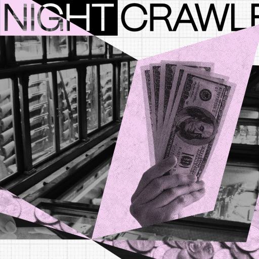 A collage with the text "THE NIGHTCRAWLER," featuring a hand holding money, coins, and a windowed building, all tinted in pink and black tones.