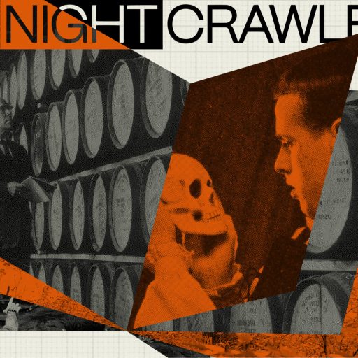 A storytelling collage featuring a man inspecting barrels, a person holding a skull mask, another man observing the mask, and the text "THE NIGHTCRAWLER" in bold black and orange.