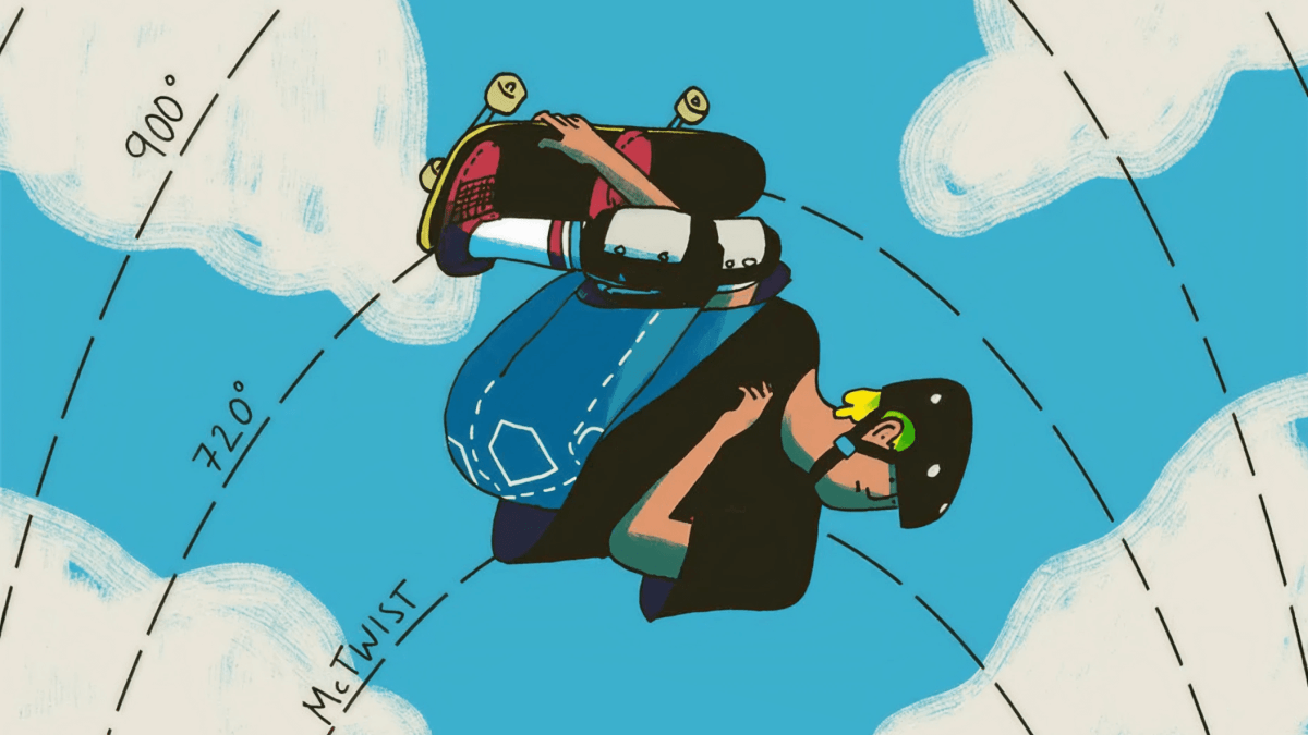 Illustration of a skateboarder in mid-air performing a trick, with labeled rotation angles (720°, 900°) and the term “McTwist” on a blue sky background with clouds.