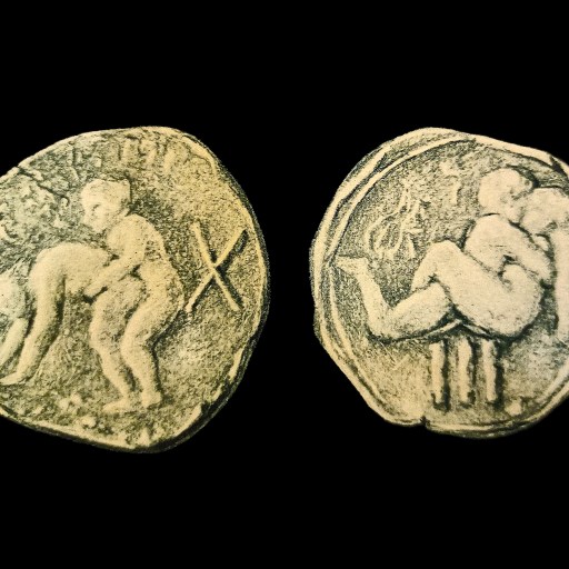 Two ancient coins depicting explicit erotic scenes with human figures in sexual positions, shown against a black background.