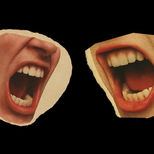 Two torn paper cutouts of open mouths are positioned against a black background, both appearing to be yelling or shouting.