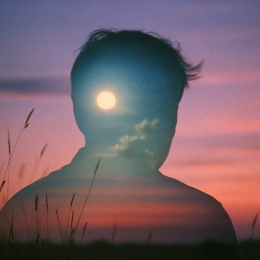 Silhouette of a person overlaid with a sunset sky and a full moon, with tall grass in the foreground.