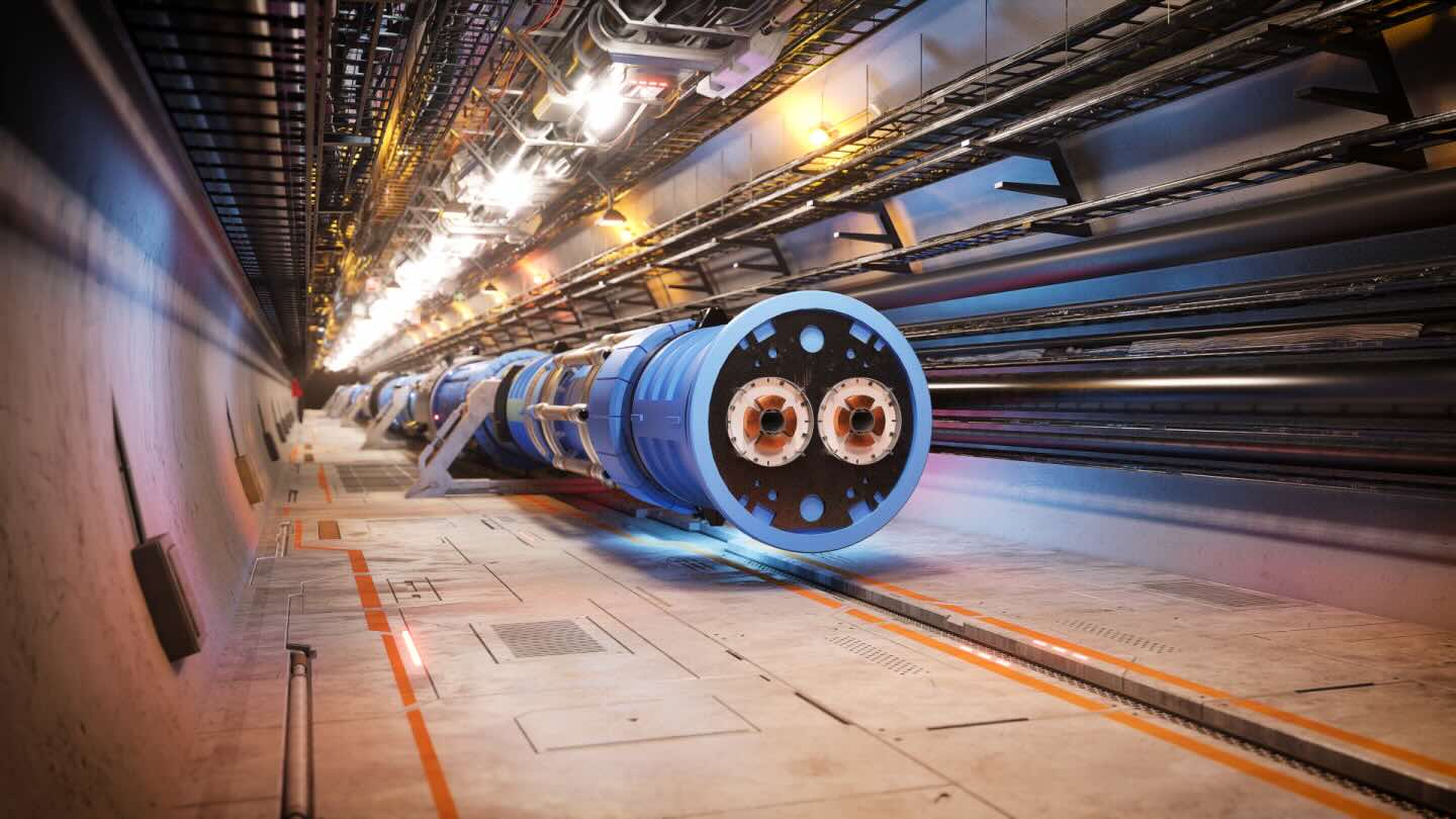 A section of a large particle accelerator tunnel, part of a future Higgs factory in particle physics, with a blue cylindrical machine and surrounding cabling and infrastructure.