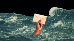 A hand holding a sealed envelope emerges from turbulent ocean waves against a black background.
