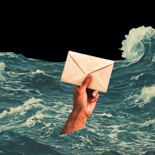 A hand holding a sealed envelope emerges from turbulent ocean waves against a black background.