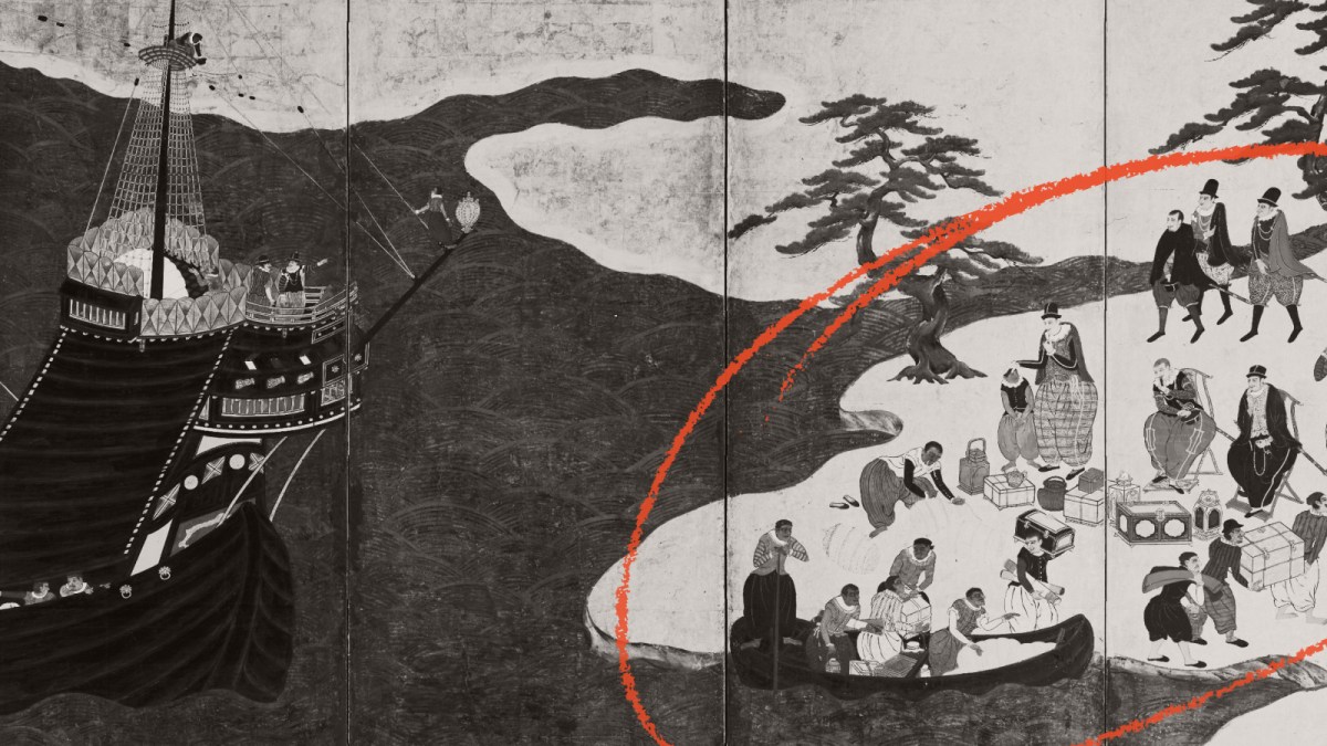 Black and white illustration of a ship at shore, with people unloading goods and interacting on land; orange arc marks part of the scene.