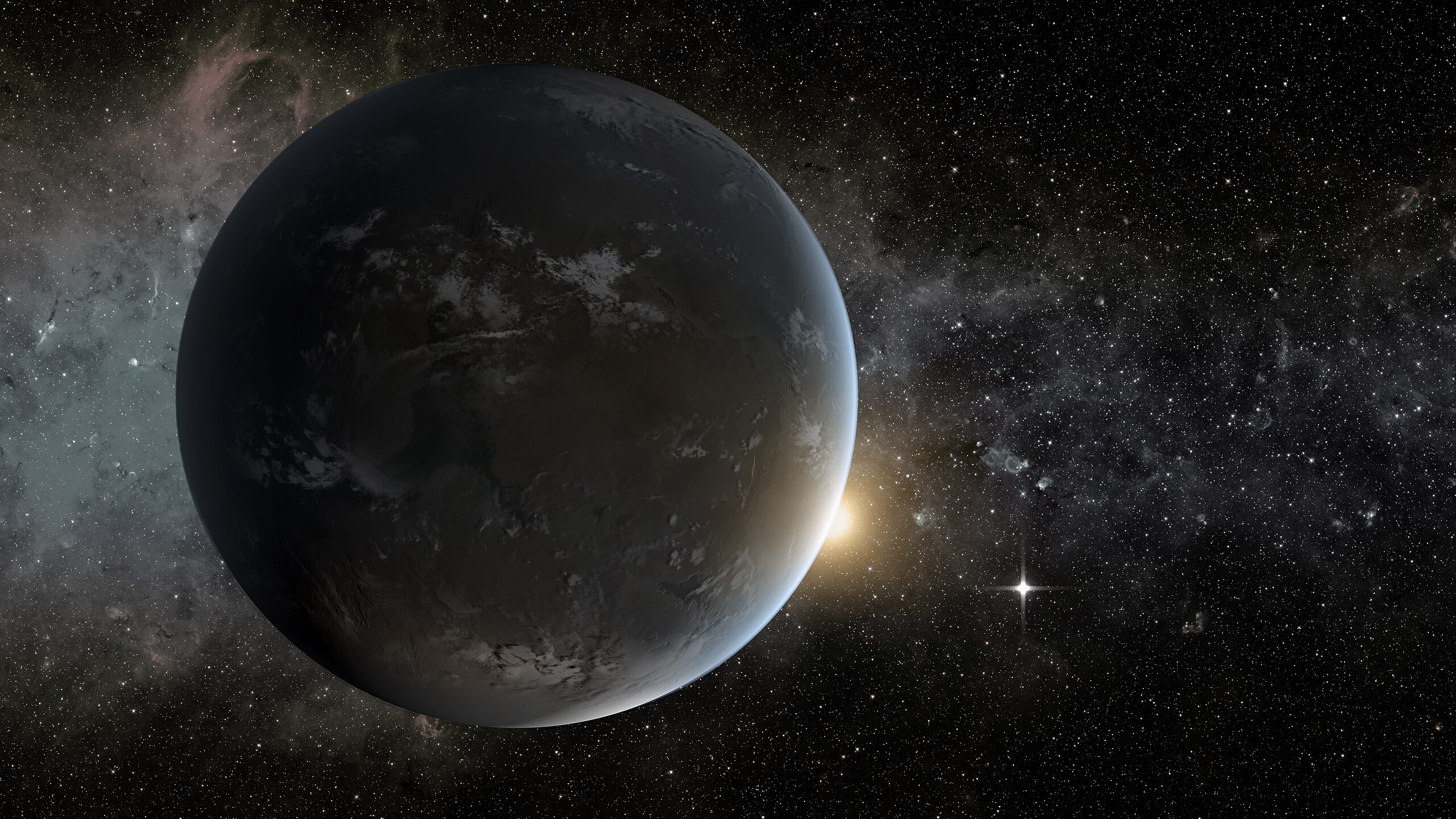 A dark, rocky planet orbits in space with the sun illuminating its edge, surrounded by stars and distant cosmic clouds.