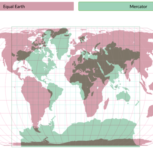 A world map comparing landmass outlines of the Equal Earth projection in pink and Mercator projection in green, with grid lines overlaid.