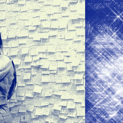 A person stands facing a wall covered in sticky notes on the left; abstract blue and white sparkling patterns form a striking nexus on the right side of the image.