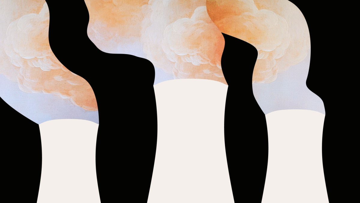 Three white smokestacks emit thick, swirling clouds of orange and white smoke against a black background, hinting at the dramatic effect of going nuclear.