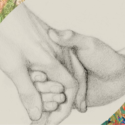 Pencil drawing of an adult hand holding a child's hand, surrounded by colorful, illustrated borders with various faces and map elements.