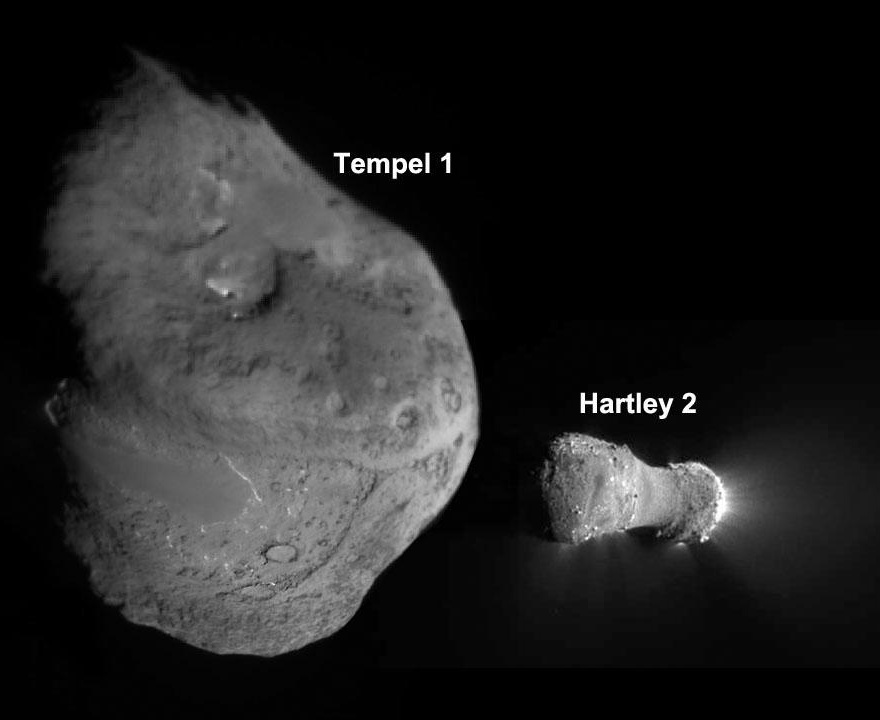 A grayscale image comparing comets Tempel 1 and Hartley 2, shown side by side with labels, offers context as astronomers prepare for upcoming observations of SPHEREx comet 3I/ATLAS.