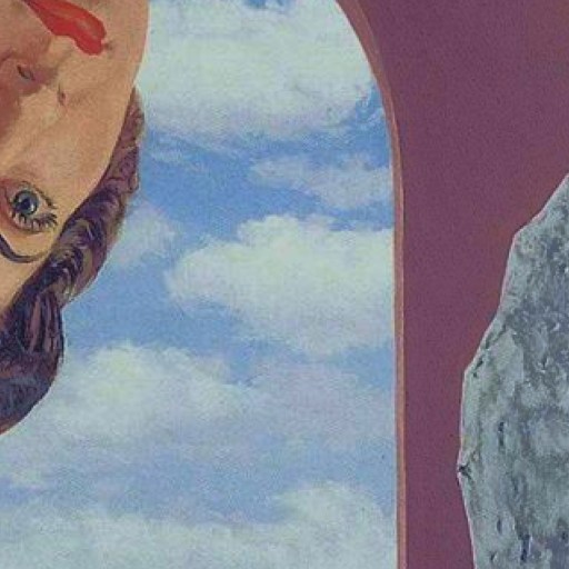 A painted woman's face is seen upside down on the left, looking at a large gray rock on the right, with a blue sky and clouds in the background.