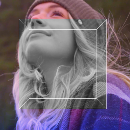 A person with long blonde hair wearing a beanie and plaid jacket looks upward outdoors; a transparent geometric square overlay is centered on the image.