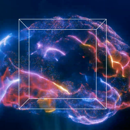 A digital illustration of a human brain with glowing neon lines and a translucent geometric cube overlay at the center.