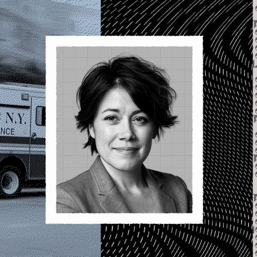 A grayscale portrait of Caterina Fake is centered between an FDNY ambulance on the left and patterned designs with circular symbols on the right.