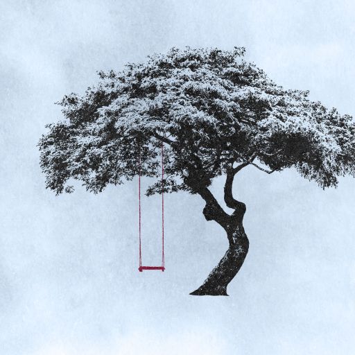 A solitary tree with a red swing hanging from one of its branches, set against a light, textured background, evokes a quiet sense of closure.