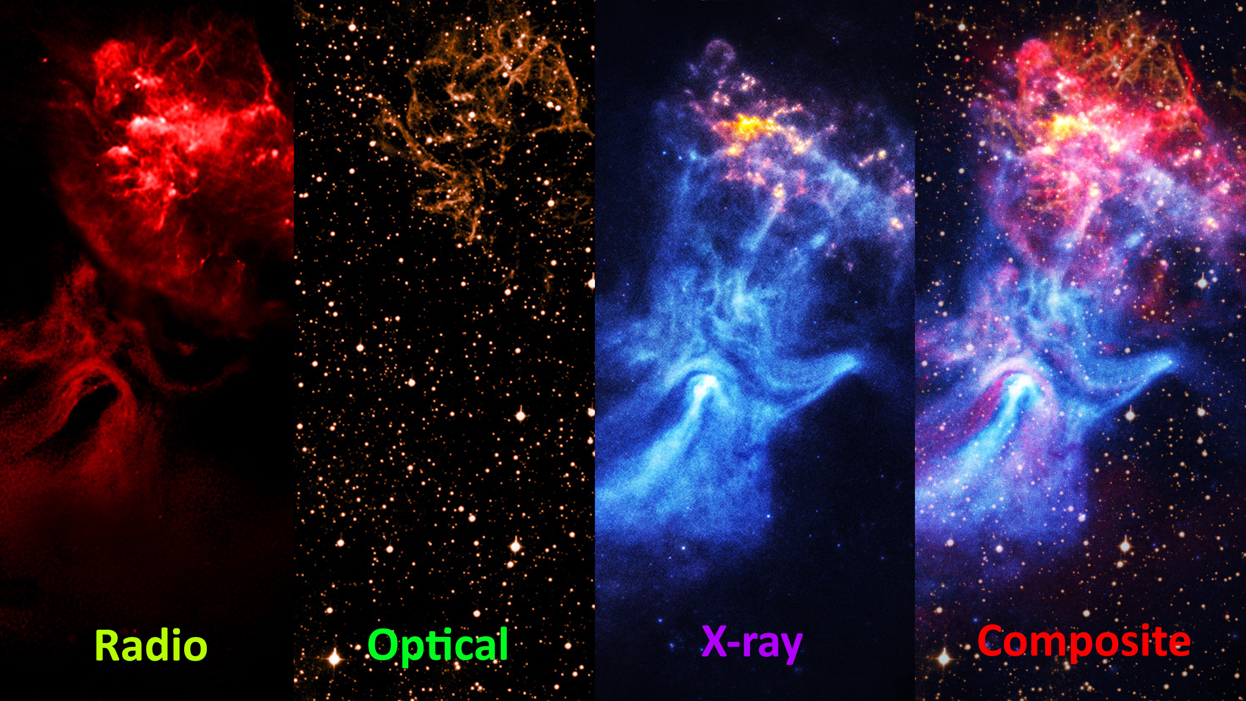 Four images of a nebula, sculpted by a dead star, are shown side by side in radio, optical, and X-ray wavelengths; the fourth composite image reveals the so-called "Hand of God." Each is labeled at the bottom.