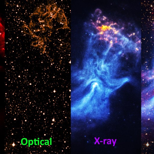 Four images of a nebula, sculpted by a dead star, are shown side by side in radio, optical, and X-ray wavelengths; the fourth composite image reveals the so-called "Hand of God." Each is labeled at the bottom.