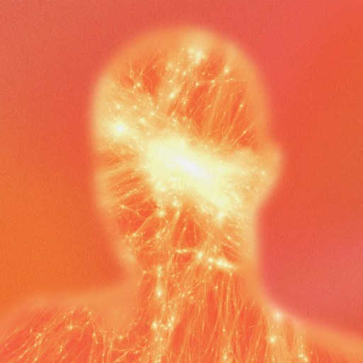 Abstract illustration of a human figure with glowing neural-like lines and bright light concentrated around the head, set against a red and orange gradient background.