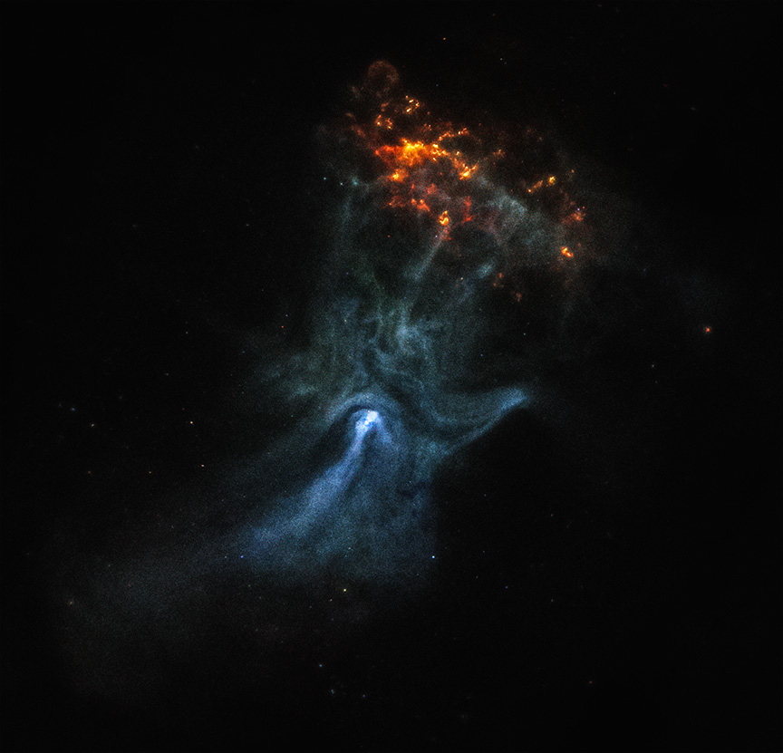 A nebula in deep space features a blue, hand-shaped formation&mdash;often called the Hand of God&mdash;carved by a dead star, with bright orange-red filaments at the top against a black background.