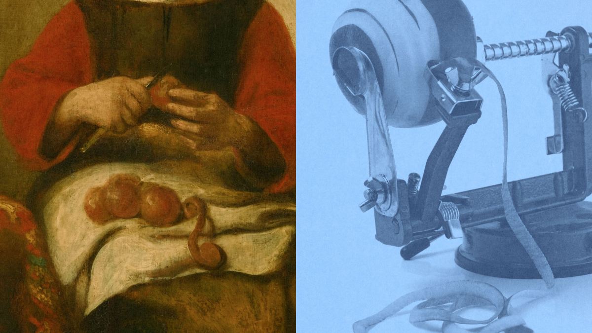 Split image: Left side shows a painting of hands peeling apples with a knife; right side features a modern mechanical apple peeler, echoing Jeff DeGraff’s spirit of innovation bridging tradition and progress.