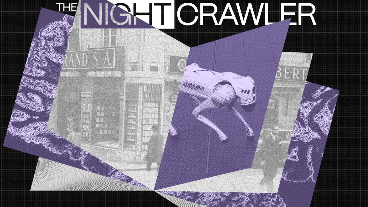 A digital collage features the title "THE NIGHTCRAWLER," a robotic dog inspired by China tech, vintage storefronts, and abstract purple geometric shapes.