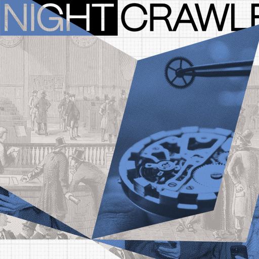 A collage features people using phones, a vintage courtroom scene, and a close-up of mechanical watch parts under tweezers, exploring ancestral bonds, with the title "THE NIGHTCRAWLER" at the top.