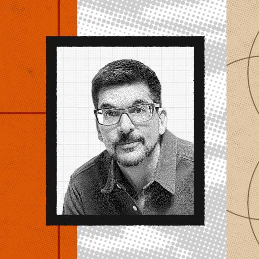 Black and white portrait of Alex Osterwalder with glasses and facial hair, framed against a graphic background featuring striking orange, white, and beige geometric patterns.