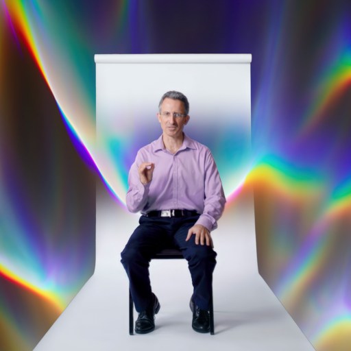 A man sits on a chair in front of a white backdrop with vibrant, rainbow-colored abstract patterns in the background.