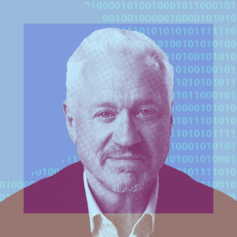 Portrait of an older man with white hair and a beard, overlaid with binary code and color blocks in blue and purple tones.