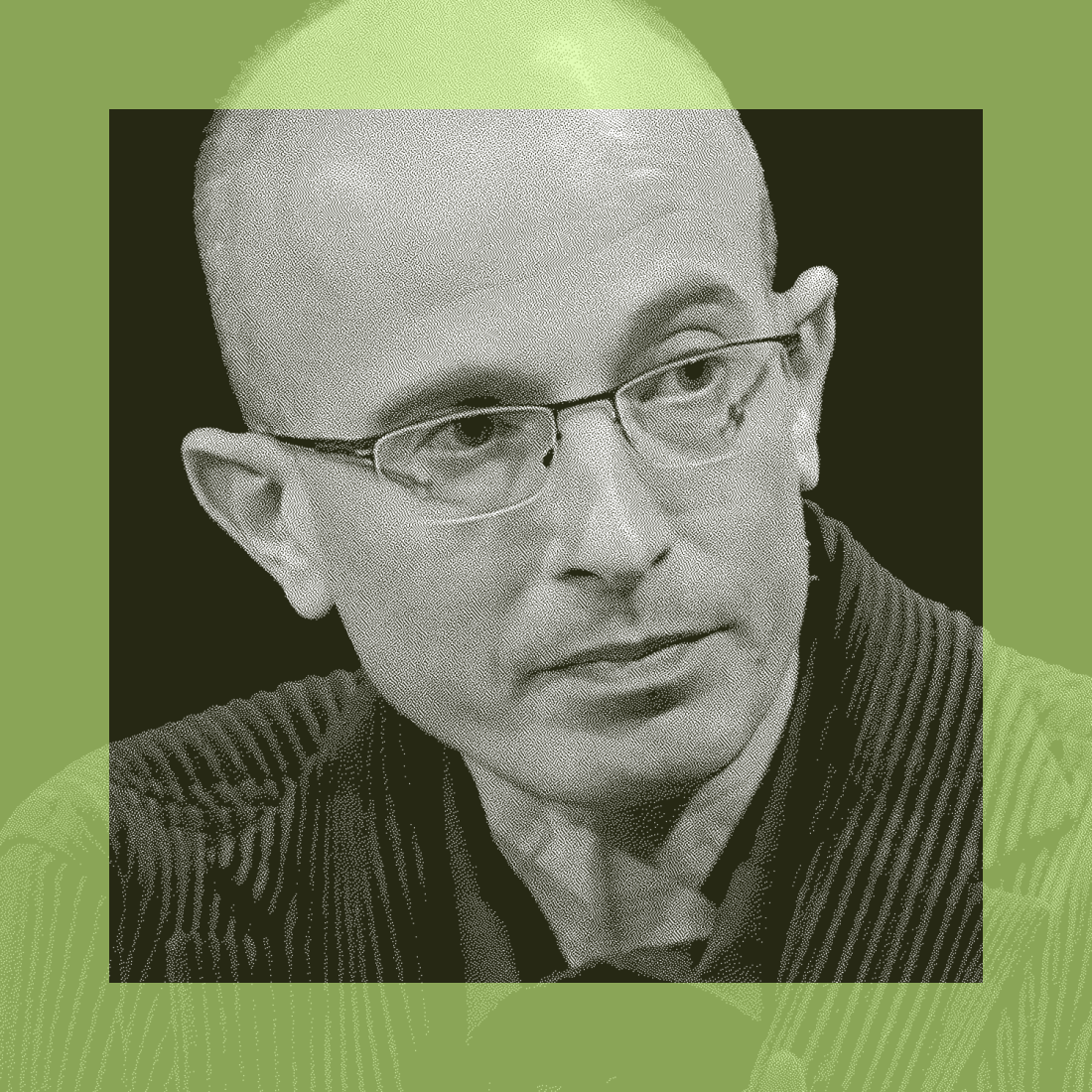 A person with glasses and a bald head is looking slightly to the side, centered in a green-tinted square frame.