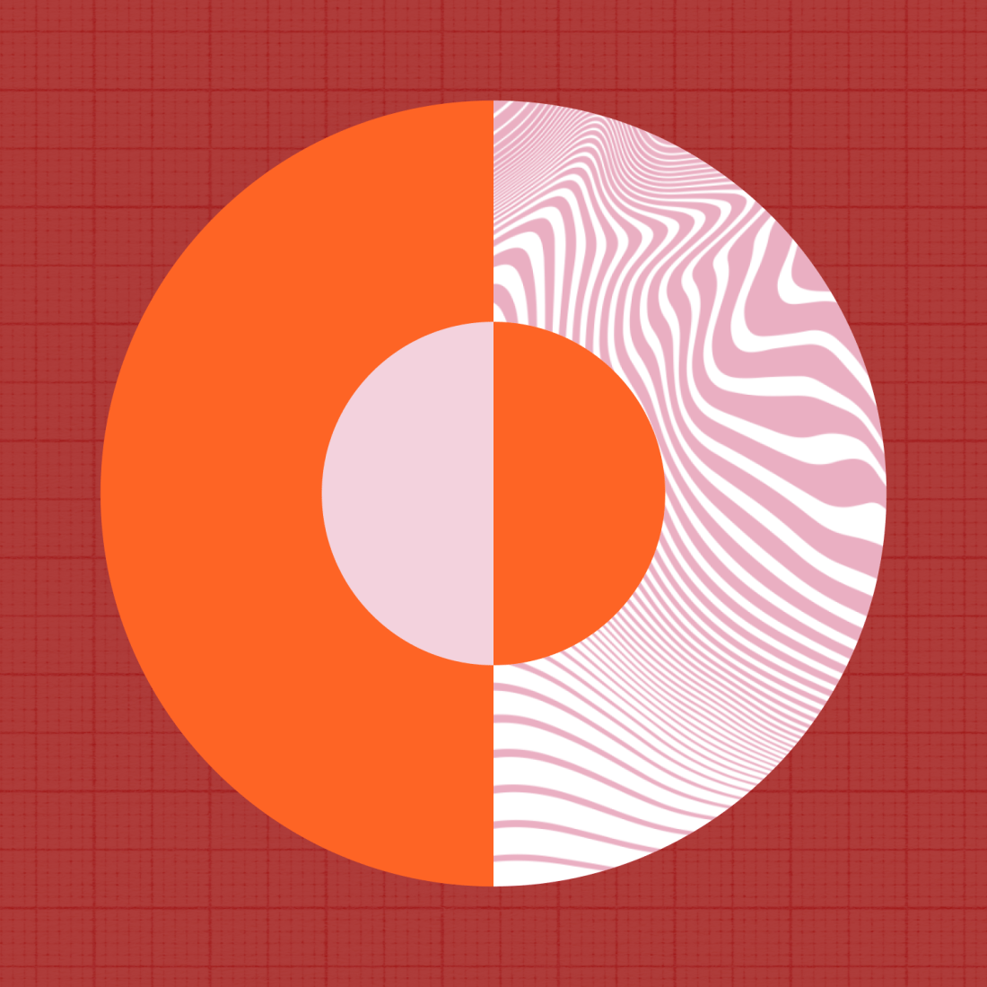 A large orange and pink circle is divided vertically; the left half is solid colors, while the right half features wavy white and pink lines against a red grid background.