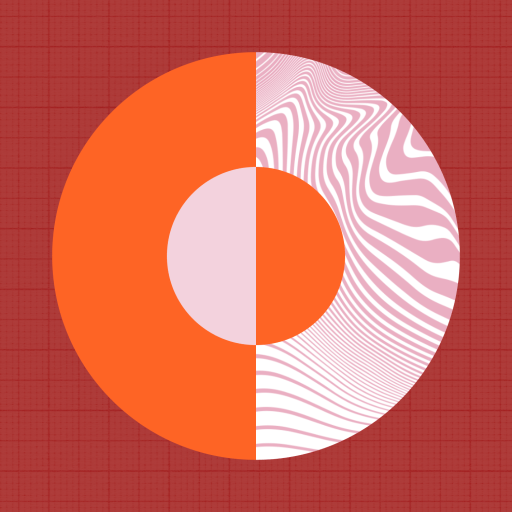 A large orange and pink circle is divided vertically; the left half is solid colors, while the right half features wavy white and pink lines against a red grid background.